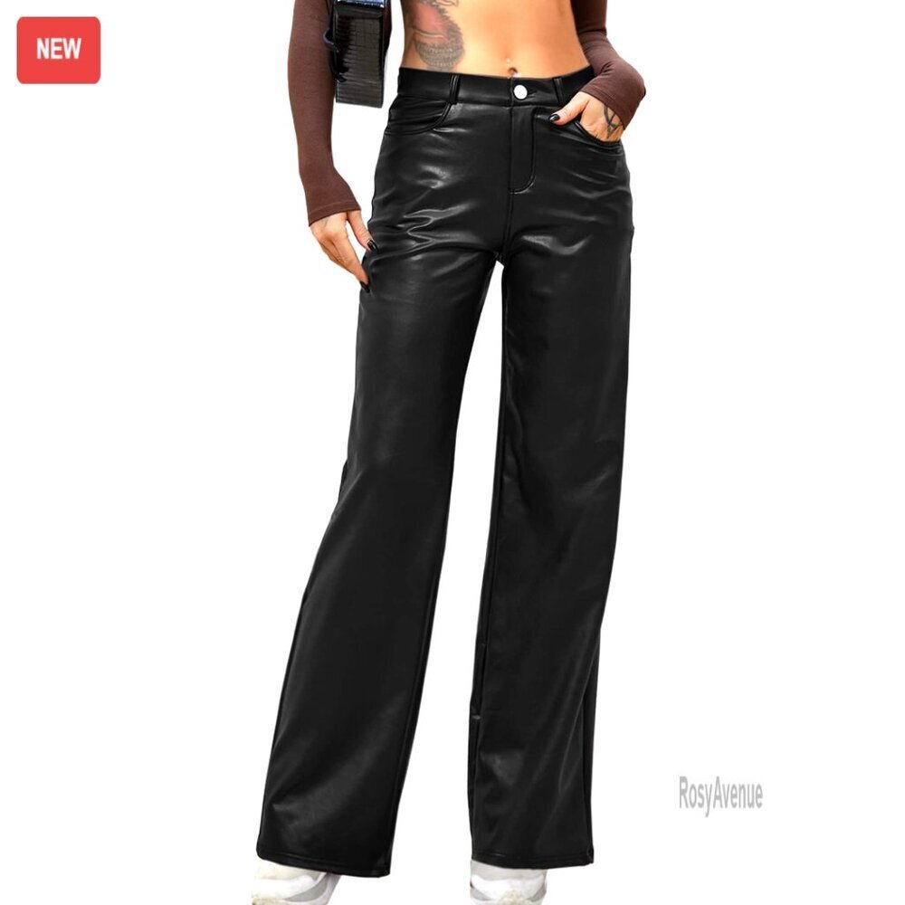 High Waist PU Faux Leather Straight Leg Pants with Pockets Flare
